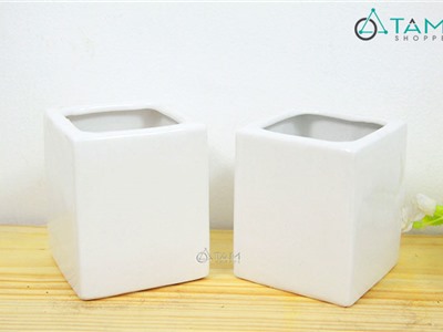 Chậu gốm trồng cây vuông trắng số 70